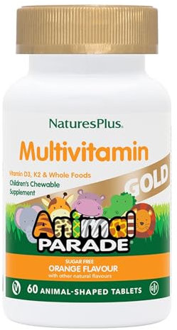 NaturesPlus Animal Parade Gold Children’s Multivitamin - Fun Animal Shaped Chewable Multi for Kids - All Natural, Orange Flavour - Vegan, Gluten Free - 60 Chewable Tablets