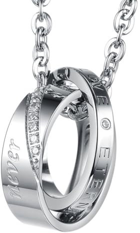 JewelryWe Halskette Damen Edelstahl Ringe: 2 Ringe Verriegelung Anhänger mit Gravur Eternal Love Partneranhänger mit 45cm Kette Partnerketten Geschenk für Frauen Silber