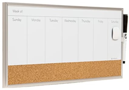 U Brands Magnetic Dry Erase Magnettafel mit Kalenderfunktion und Pinnwand-Streifen aus Kork 46x19 cm, silberner Alurahmen, inkl. Magneten und Marker