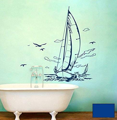 Wandtattoo Wandaufkleber Segler Segelboot Meer Sailor Schiff M1507 - ausgewählte Farbe: *Blau* ausgewählte Größe:*XS 43cm breit x 60cm hoch