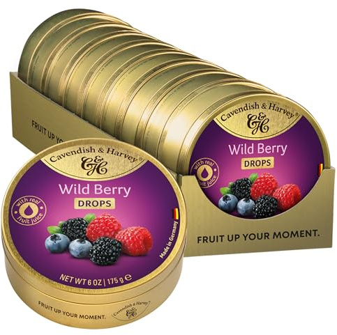 Cavendish & Harvey Wild Berry Drops 9 x 175 g Lata de almacenamiento, frambuesa, arándano, mora, con auténtico zumo de fruta natural, vegano, halal, kosher | 9 x 175 g