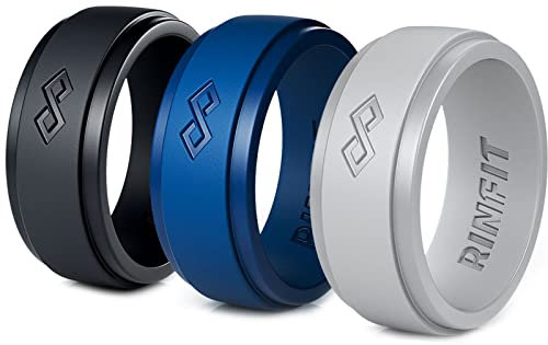 Silikon Ringe | Hochzeit Bands für Männer – 3 Ringe Pack – rinfit entworfen Premium Qualität Silikon Ring – Schwarz, Blau, Grau – Kommt mit Geschenk Box., Black,Navy Blue, Gray
