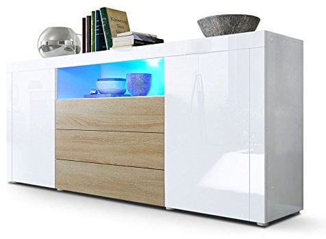 Vladon Sideboard Santiago, Made in Germany, Weiß Hochglanz/Eiche sägerau inkl. LED - Moderne Kommode für Ihr Wohnbereich - (BxHxT) 167 x 72 x 35 cm