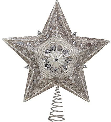 Kurt Adler Christbaumspitze aus Glas mit elfenbeinfarbenen Perlen und platinfarbener Glitzerverzierung (34,29 cm)