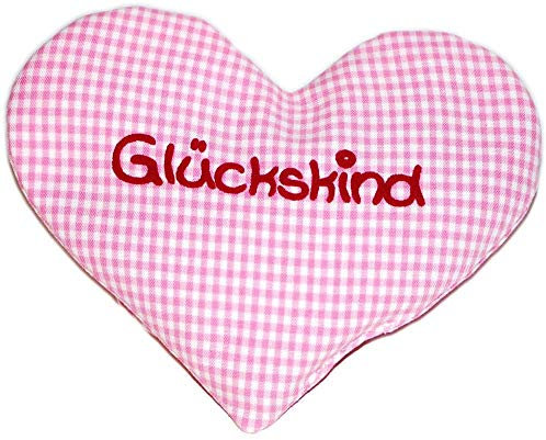 Herzkissen mit Spruch für Babys Wärmekissen mit Rapssamen Rapskissen mit Spruch Körnerkissen Personalisiertes Kissen zum wärmen, Größe: ca.15x17cm (Rosa Glückskind)