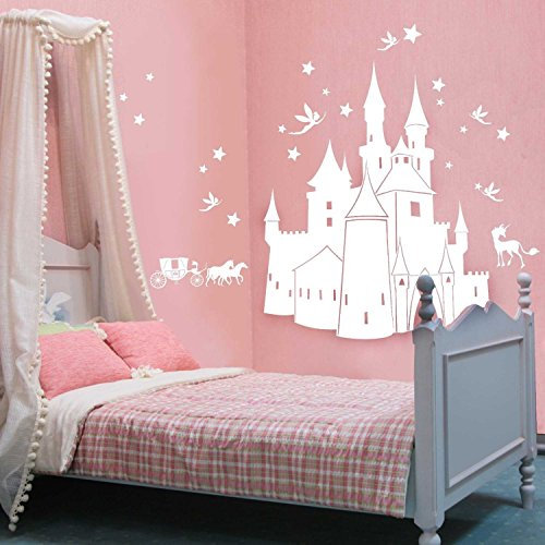 ilka parey wandtattoo-welt® Märchenschloss Wandtattoo mit Kutsche Elfen Feen Einhorn und Sternen Schloss Wandtattoo Schloss M327