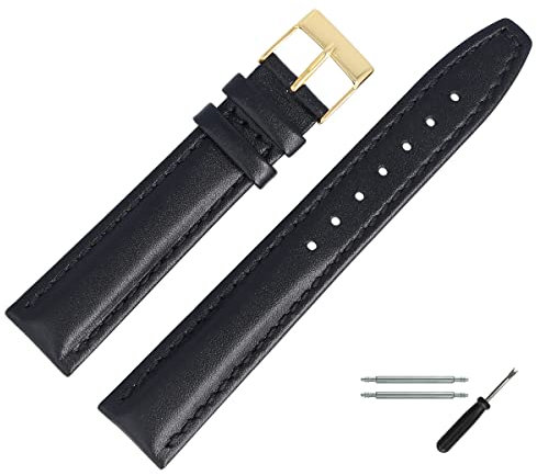 MARBURGER Uhrenarmband 18mm Leder Schwarz Gold Glatt Mit Naht - Montage Set 2891810000220