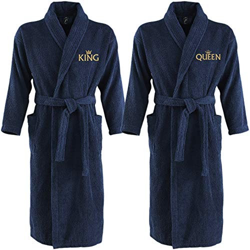 Nashville print factory Sol´s Bademantel Palace blau Morgenmantel bestickt mit Motiv/KING/QUEEN/Krone Gold Partner-Look Sauna Hotel (L/XL, KING & QUEEN)