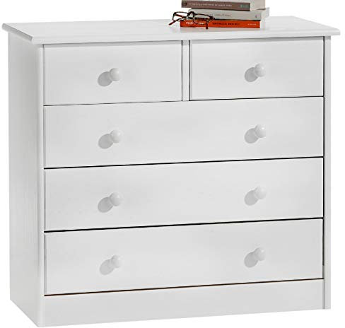 IDIMEX Commode de Chambre Rondo Meuble de Rangement avec 5 tiroirs, en pin Massif lasuré Blanc