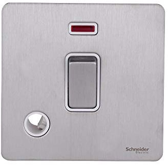 Schneider Electric Ultimate Plaque plate sans vis – Interrupteur simple à double pôle, 20 AX, avec indicateur néon et sortie flexible, GU2414WSS, en acier inoxydable avec insert blanc