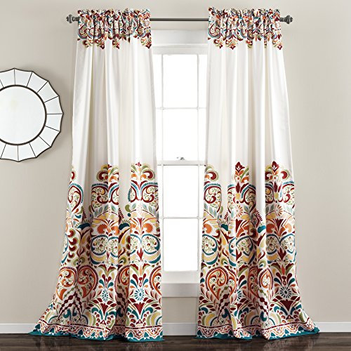 Lush Decor Clara Vorhänge, Paisleymuster, Damastdruck, Bohemian-Stil, lichtfilternd, Fensterpaneel-Set für Wohnzimmer, Esszimmer, Schlafzimmer (Paar), 132,1 x 213,4 cm (B x L), Türkis und Mandarine