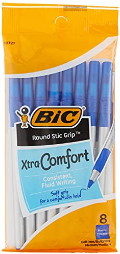 BIC Round Stic Grip Xtra-Comfort Medium Ball Point Pen, Blue, 8 Pack