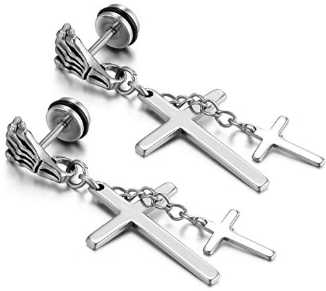 Flongo Herren Kreuz Ohrstecker Damen Ohrringe Edelstahl Ohrhänger Ohrstecker Gestüt Stecker Ohrringe Tunnel Fakeplugs Männer Frauen Ohrschmuck Hand Knochen Gotik Punk Silber