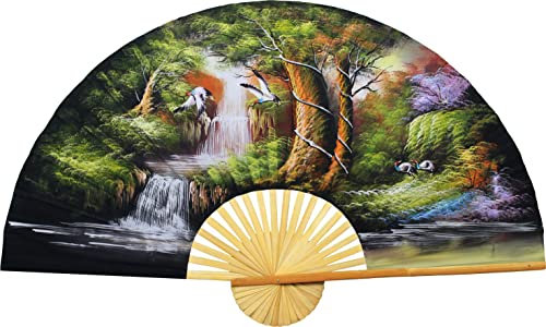 Forest Landscape Giant Folding Wall Fan Hand-painted Decorative Wall Decor Art, Handmade Nature Themed Original Acrylic Painting on a Natural Bamboo Frame for Peaceful, Calming Feng Shui Home (40 inch