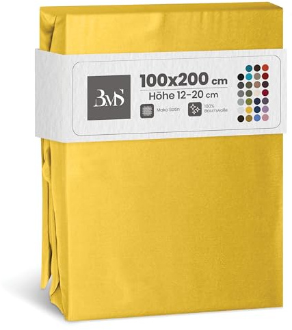 Bettwaesche-mit-Stil Mako Satin Spannbettlaken Spannlaken Spannbetttuch (100 cm x 200 cm, Matratzenhöhe 12-20 cm, Gelb)