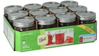 Ball Half Pint (8 oz.) Regular Mouth Glass Mason Jars w/ Cap - Set of 12 AEP