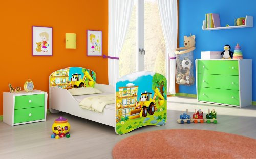 CLAMARO 'Traumland' Motiv Kinderbett 70 x 140 cm inkl. Matratze und Lattenrost, Kantenschutzleisten und Rausfallschutz, Motiv: 20 - Bagger Motiv