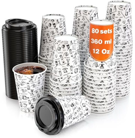 CupCup 80 Pappbecher 360ml 12 Oz mit Deckel - Kaffeebecher to Go Zum Servieren von Kaffee, Tee, heißen und kalten Getränken