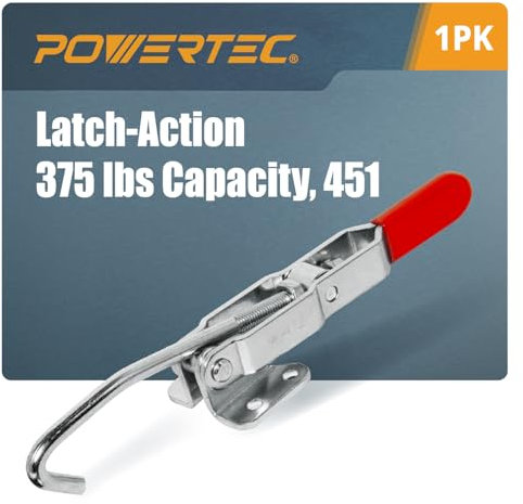 POWERTEC 1PK Toggle Clamp with J Hook, 375 lbs Holding Capacity, 451 Adjustable Pull Action Latch for Smoker, Tool Box, Woodworking Jigs and Fixtures, Cabinet, Lids, Door, Truck (20308)