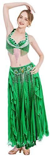 ROYAL SMEELA Bauchtanz-Kostüm-Set für Frauen, Bauchtanz-BH und Gürtel, Chiffon-Röcke, professionelles Outfit, 3-teilig - Grün - Mittel