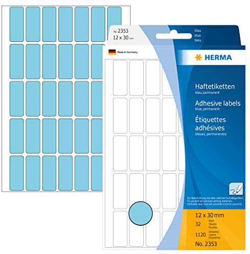 HERMA 2353 Vielzweck-Etiketten, 1120 Stück, 12 x 30 mm, 35 pro Bogen, selbstklebend, Haushaltsetiketten zum Beschriften, matt, blanko Papier Klebeetiketten Aufkleber, blau