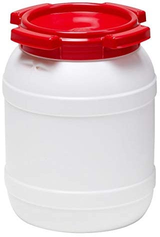 Curtec HDPE Weithalsfass, stapelbar, wasserdicht, temperaturformbeständig bis 80°C, mit rotem Schraubdeckel, Gummidichtung, naturweiß, 6 Liter