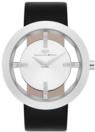 Rhodenwald & Söhne Lucrezia Damenuhr Edelstahl Silber 3 ATM verziert mit Kristallen Lederarmband schwarz Fashionuhr Skeletonoptik