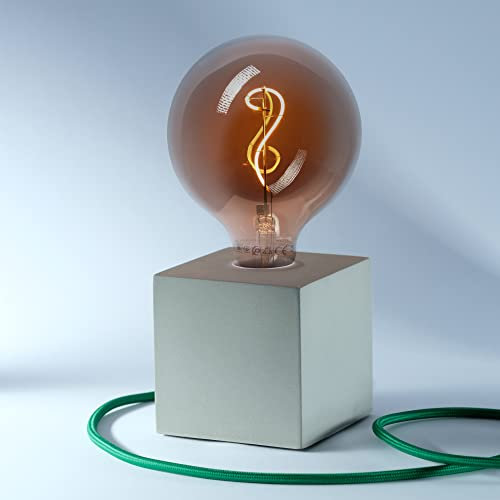 Home Designerlampe aus Beton, Nachttisch-Leuchte, Schreibtisch-Lampe oder für den Boden, Cube-Lampe als Geschenk, Harmonische Beleuchtung, Als LED Lampe für jeden Raum, Mit farbigem Textilkabel „Grün“