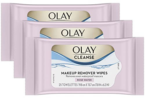 Olay Cleanse Makeup Remover Cleansing Face Wipes, Daily Facial Towelettes, Rose Water, 25 Count, 3 Pack