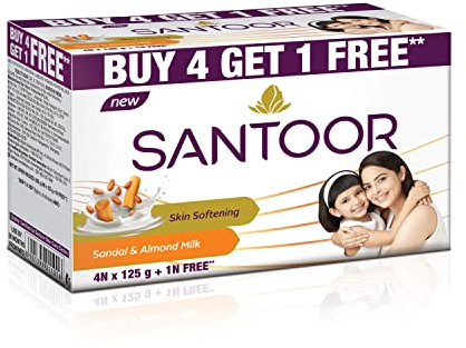 Santoor Sandalo e sapone al latte di mandorle, 125 g (confezione da 5) (Acquista 4 ricevi 1 gratis)