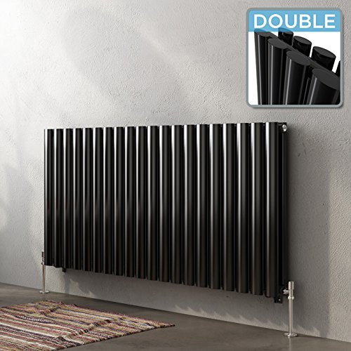 iBathUK Strata Wall-Mounted Horizontal Double Oval Panel Radiator, 20 Column Steel High Thermal Output Hydronic Central Heating, Designer Modern Radiator in Gloss Black, 600 × 1180mm