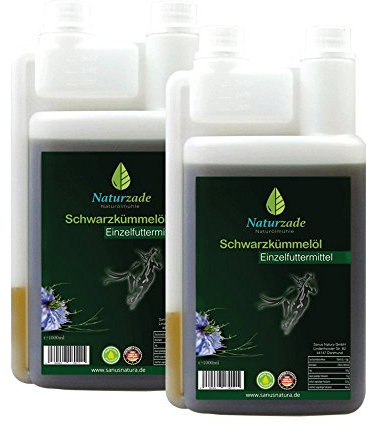 Naturzade Huile de cumin noir pour chevaux et chiens, 2 litres (2 x 1 litre) - Bouteille doseuse pressée à froid - Fraîcheur au moulin directement du fabricant