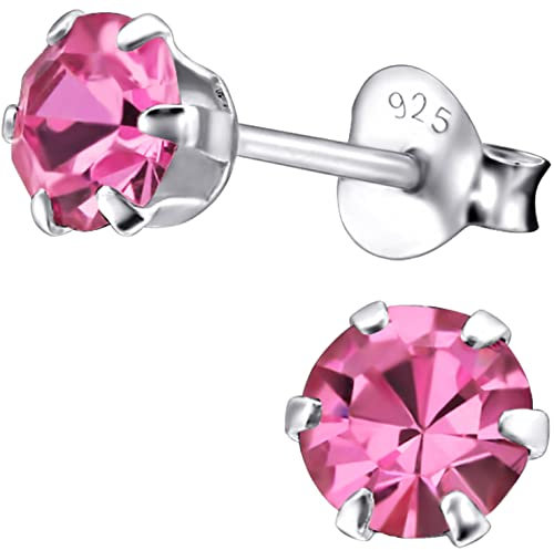 EYS JEWELRY Damen Ohrstecker 925 Sterling Silber – 5 mm runde Zirkonia Kristalle in Rosa – Klassische Silber Ohrringe für Frauen