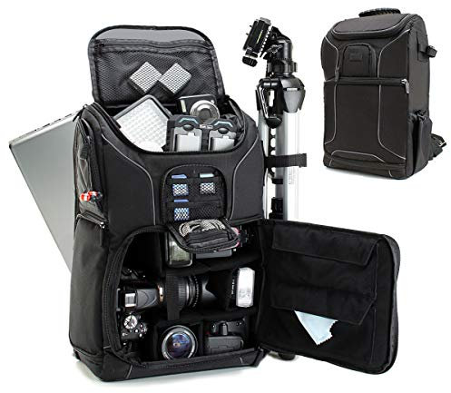USA Gear DSLR-Kamerarucksack, 39,6 cm (15,6 Zoll) Laptopfach, gepolsterte individuelle Trennwände, Stativbefestigung, Regenschutz, haltbar, Aufbewahrungstaschen, kompatibel mit vielen DSLRs, Schwarz