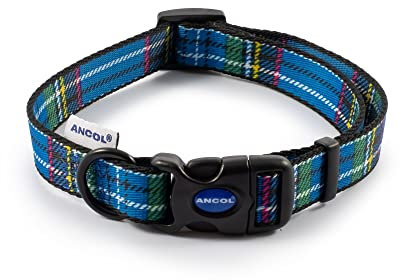Ancol Dog Collar - Blue Tartan Design - Super Soft Printed Polyester Adjustable Collar Fixings - 30-50cm