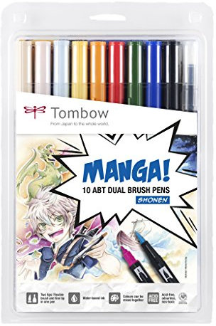 Tombow ABT-10C-MANGA1 Fasermaler, Dual Brush Pen mit zwei Spitzen, 10-er Manga Set Shonen