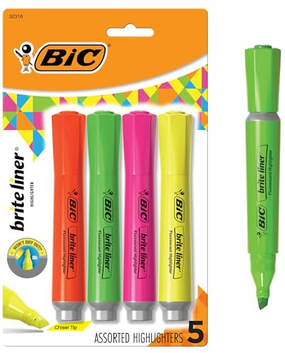 BIC Brite Liner Grip XL Highlighters, Chisel Tip, 4-Count Pack of Assorted Highlighters, Ideal Highlighter Set for Organizing and Coloring