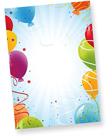 Briefpapier Geburtstag Luftballons 250 Blatt DIN A4 90g/qm beidseitig bedruckt, für Einladung oder Geburtstagsgrüße