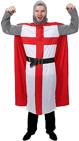 I LOVE FANCY DRESS Adults Knight Costume - XLarge - English Flag Tunic With Black Belt, Red Cape, Chain Mail Armour Headpiece - Perfect for Sporting Events, English Celebrations