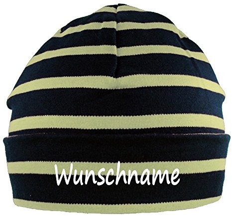 Elefantasie Mütze blau Natur gestreift mit Namen oder Text personalisiert für Baby oder Kind aus 100% Baumwolle mit UV-Schutz
