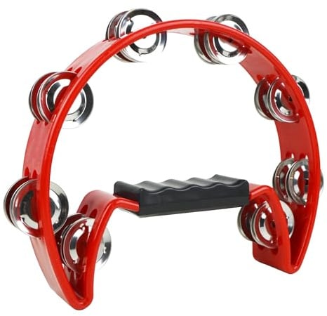 A-Star Half Moon Tambourine, Double Jingle Bell Cutaway with Ergonomic Grip Handle - Singers, Bands, Musicians, Music Classes - Red