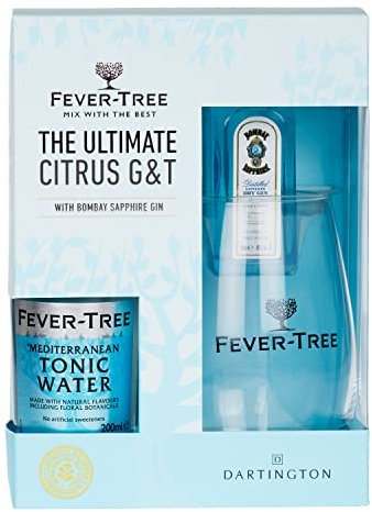 The Ultimate Gin & Tonic Gift Set - Including 5cl Bombay Sapphire Gin, Fever Tree Mediterranean Tonic Water with a Branded Glass. Gift Set by Blue Tree Gifts