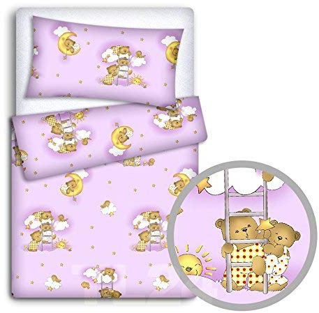 Babymam Baby Newborn Bedding Set Pillowcase + Duvet Quilt Cover 2 Piece to Fit Cot Crib Cradle Pram 120x90cm (Ladder pink)