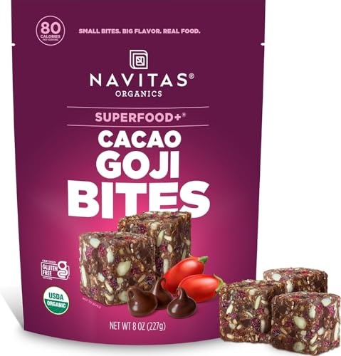 Navitas Organics Cacao Goji Superfood+ BITES – Power Snacks – All Natural Plant Based – Clean Energy & Nutrition – USDA Organic, Non GMO, Gluten Free, Soy Free, Kosher, Vegan (8oz. Bag 11 Servings)