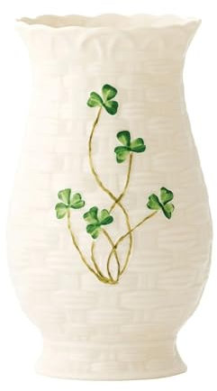Belleek Classic Kylemore Gourd Vase 7 H x 3.1 W, Handcrafted Fine Parian China Shamrock Flower Vase, Irish Decor, White