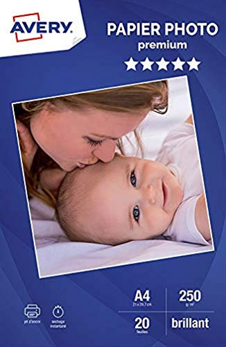 AVERY - 20 Blatt 250 g/m² A4 glänzendes Fotopapier mit Tintenstrahldruck.