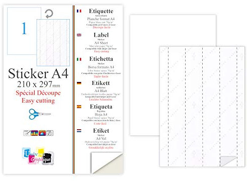 100 Papier adhésif blanc A4 autocollant SPECIAL DECOUPE feuille adhésive pour créer imprimer vos étiquettes sur imprimante 5 re-fentes au verso pour détacher découper facilement étiquettes Stickers
