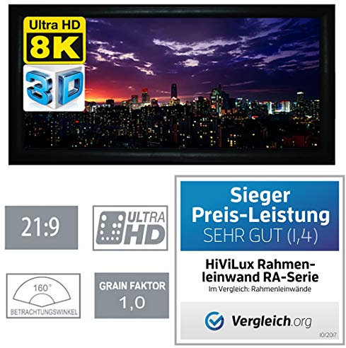 HiViLux® Rahmenleinwand 6cm Rahmenstärke Tuch: HiViWhite Cinema 1,0/8K/4K/3D/auch für UST (21:9 115Zoll Bild:269x115cm)