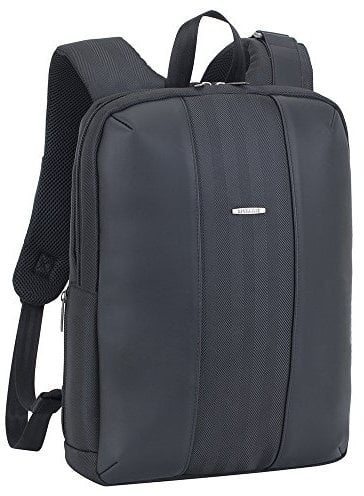 RIVACASE leichter Laptop Rucksack bis 14 Zoll – Stadtrucksack aus Polyester und Kunstleder mit extra gepolsterten Seiten - ein Fach für Dokumente und ein Tablet bis 10,1 Zoll / Schwarz