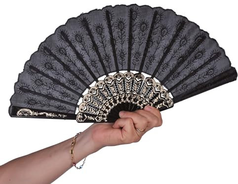 P'TIT Clown - 62452 - Éventail Pliable Brodé - Accessoire de Déguisement - Nouvel an, Chinois, Japon, Asie, pour Carnaval, Fêtes à Thèmes, Costumées, Cosplay, Manga, Halloween - Noir- Ø 45 cm